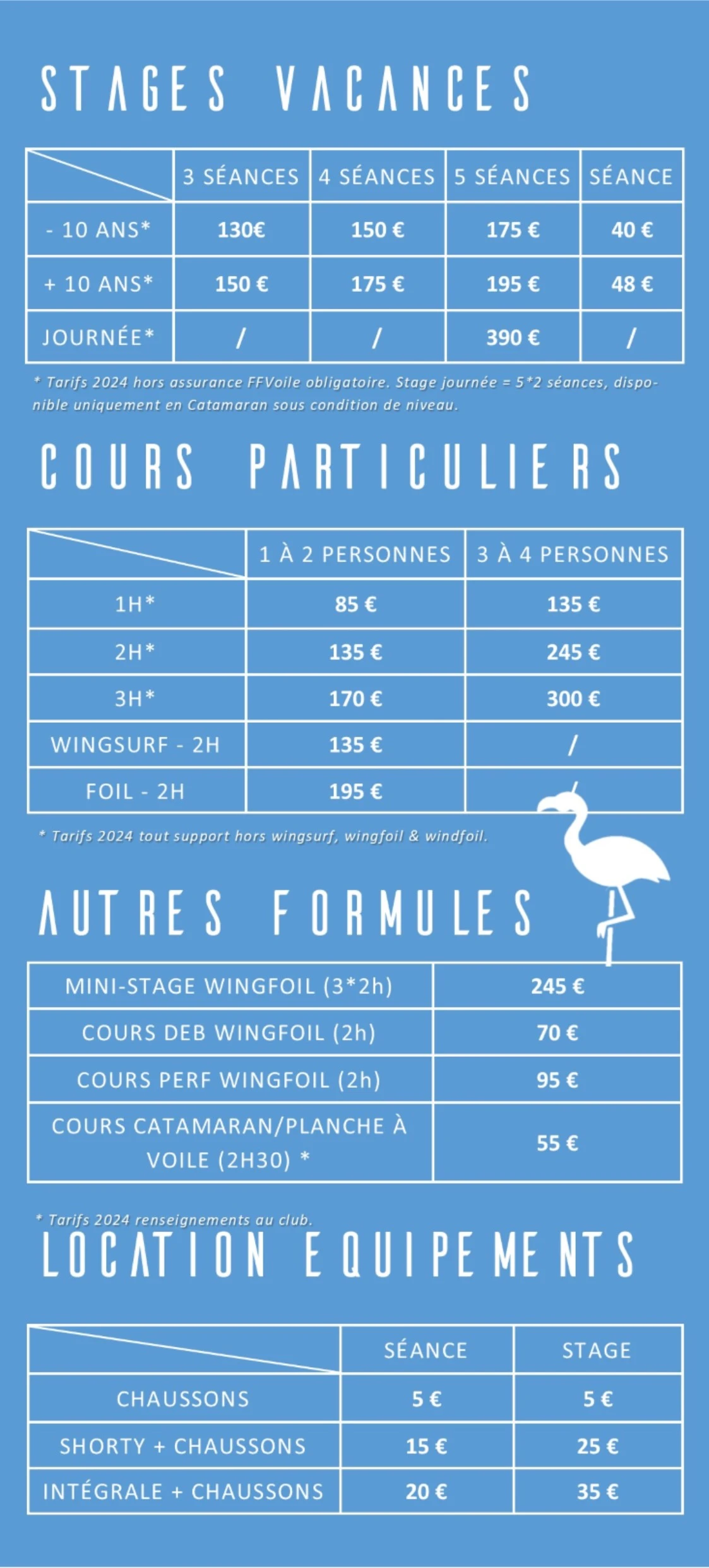 tarifs stages voile et location